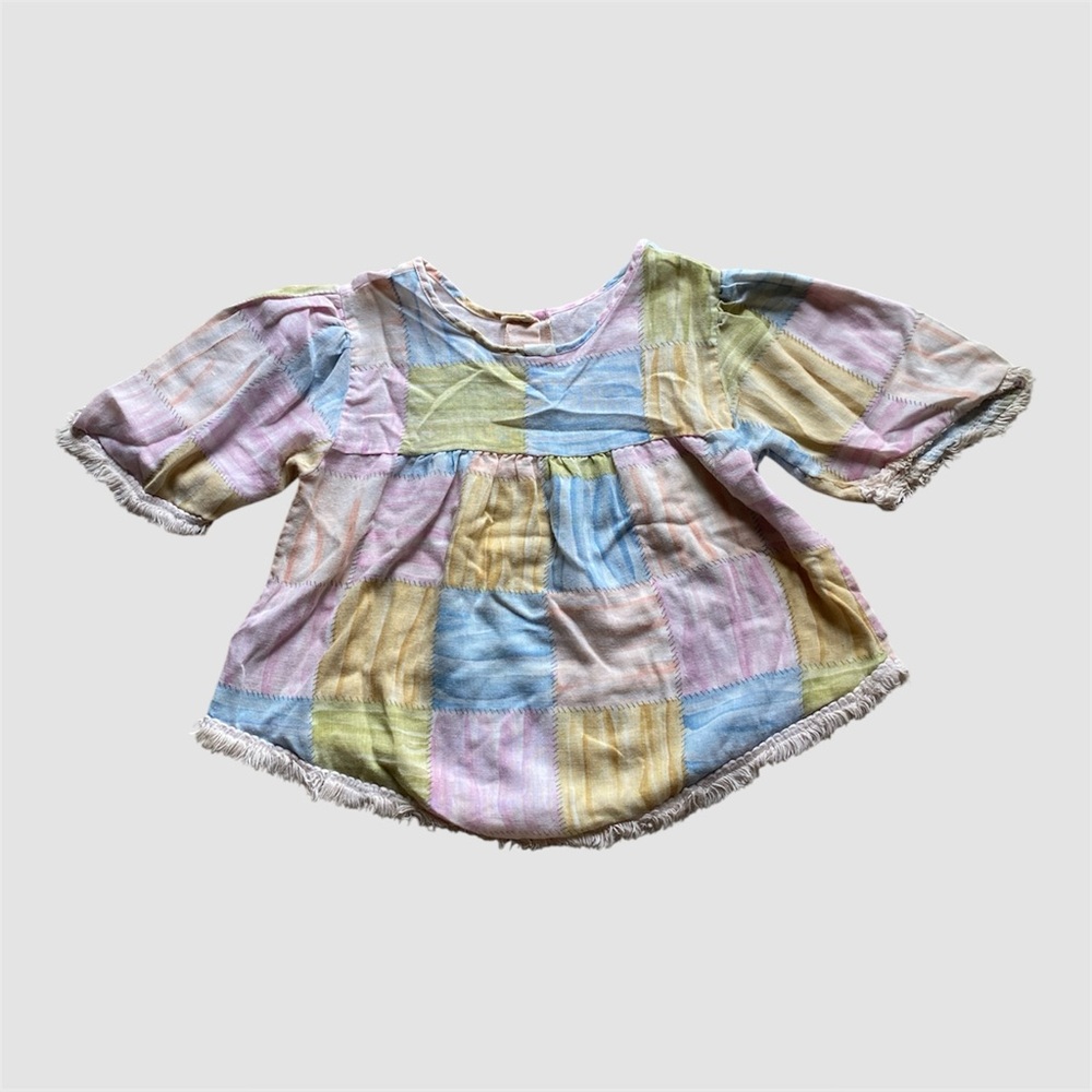 Vintage‎ 80s Girls Babydoll Shirt 10 Pastel Patchwork Cottagecore Fringe Hem